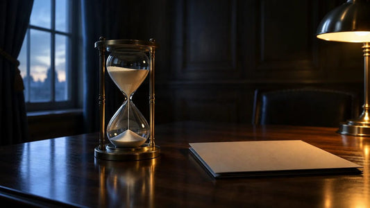 Hourglass on a dark wooden desk beside a closed folder under a lamp