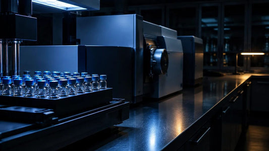 Rows of sample vials in a lab analyzer under blue light