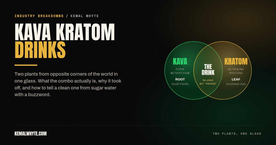 Kava kratom drinks explained: a Venn diagram showing kava root from the South Pacific and kratom leaf from Southeast Asia overlapping in one drink