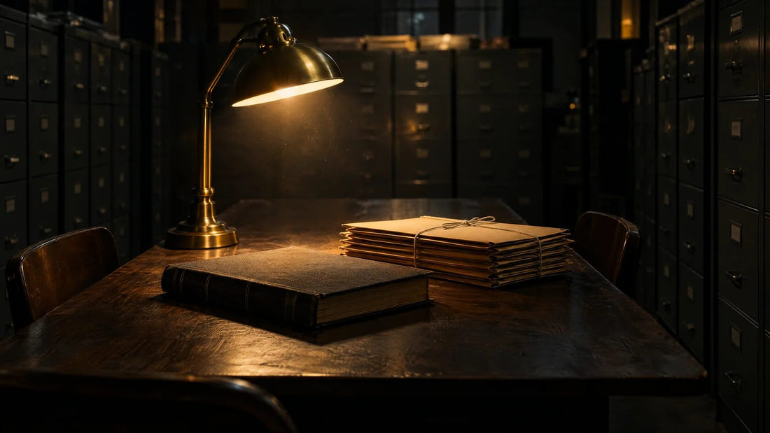 Archive room desk under a brass lamp with a closed book and a bundle of files