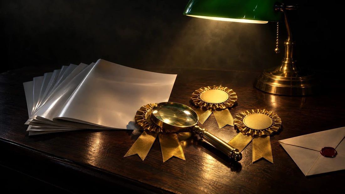 Gold award rosettes and a magnifying glass on a stack of blank papers beside a sealed envelope, under a green banker's lamp