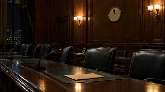 Empty wood-paneled hearing room with leather chairs, microphones, a wall clock and one envelope on the table
