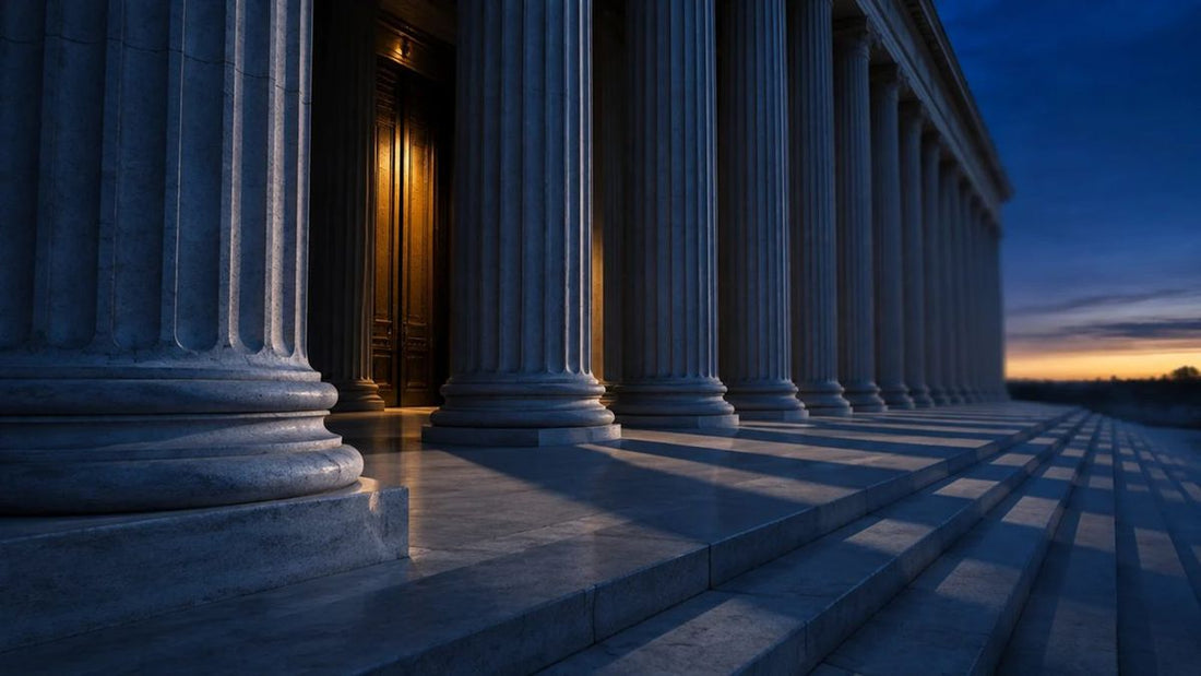 Stone columns of a government building at dusk