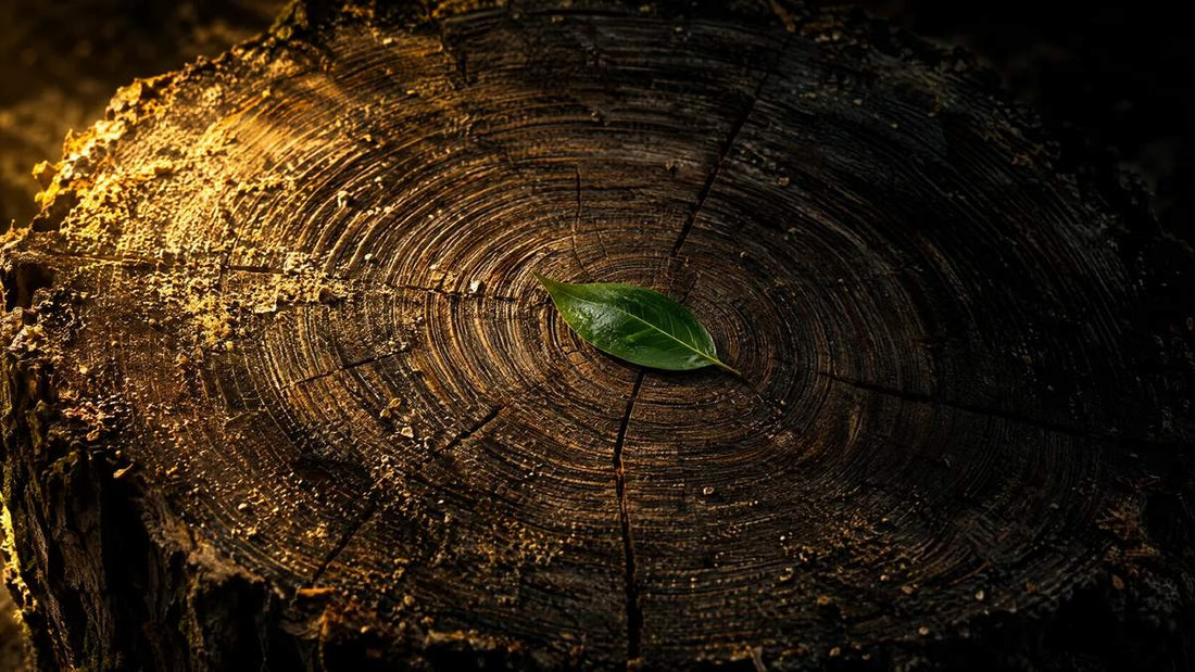 Cross-section of an old tree stump with a single small green leaf at its center
