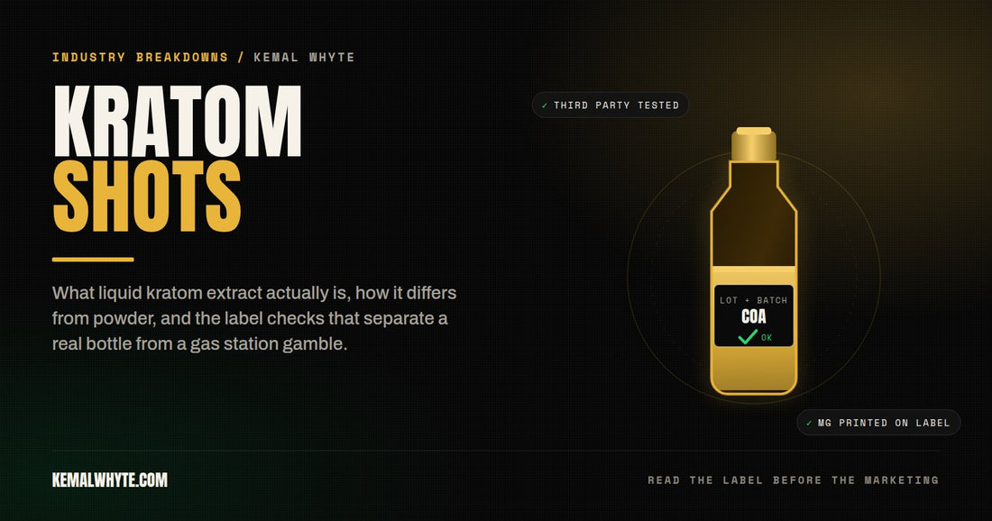 Kratom shots explained: a liquid kratom extract bottle with a lot number, batch code and verified certificate of analysis on the label