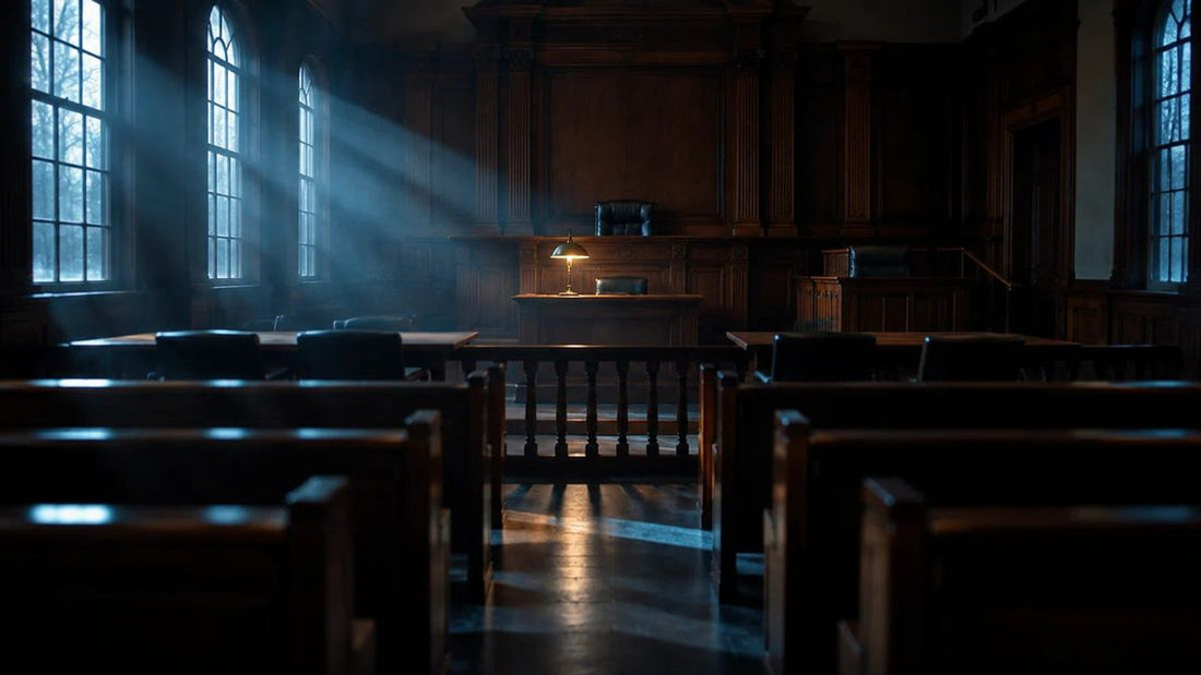 Empty courtroom with wooden benches lit by light from tall windows