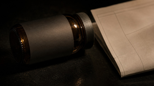 An unbranded amber glass supplement bottle with a completely blank label lying beside a folded paper lab report on a dark surface