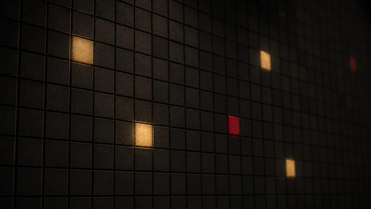 A dark grid of matte square tiles with a few lit in gold and one in red, an abstract image of shifting state by state regulation