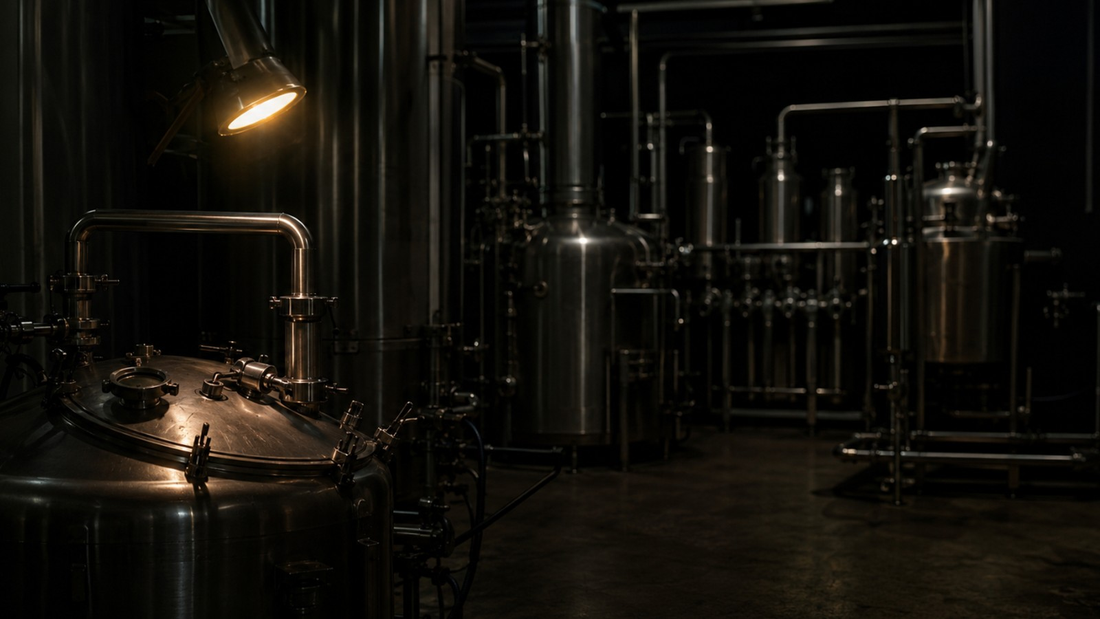 Stainless steel tanks and piping inside a small botanical extraction facility at night, lit by a single warm work lamp
