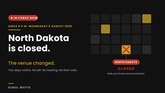North Dakota is closed: the state kratom ban has been in force since 5 p.m. Wednesday 5 August 2026, covering sale, purchase and possession, with a dark grid of state tiles and North Dakota struck through in red