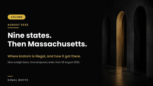 Editorial banner reading nine states, then Massachusetts, over the question of where kratom is illegal, noting nine outright state bans and one temporary Massachusetts order placing all forms of kratom in Schedule I from 28 August 2026