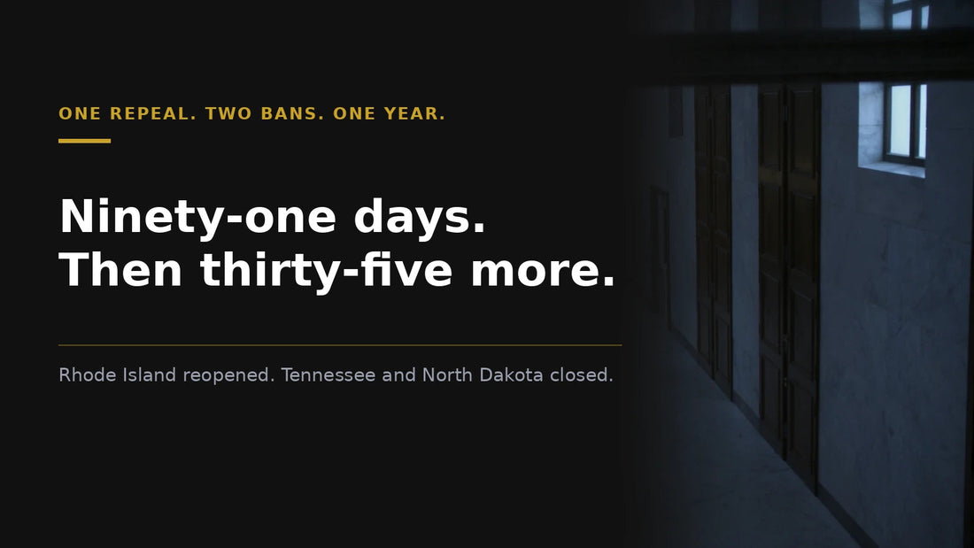 A dim state house corridor with tall panelled doors receding down a marble hallway, under type reading one repeal, two bans, one year, and the headline Ninety-one days, then thirty-five more.