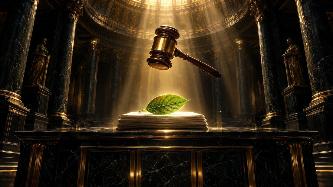 Why is kratom legal: a wooden gavel suspended mid air above a single kratom leaf on a stack of blank papers, on a dark marble bench beneath a domed hall lit by shafts of gold.