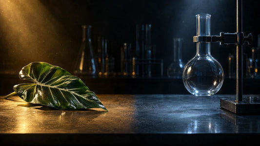 Single green leaf on a dark bench beside a round glass flask in a dim laboratory